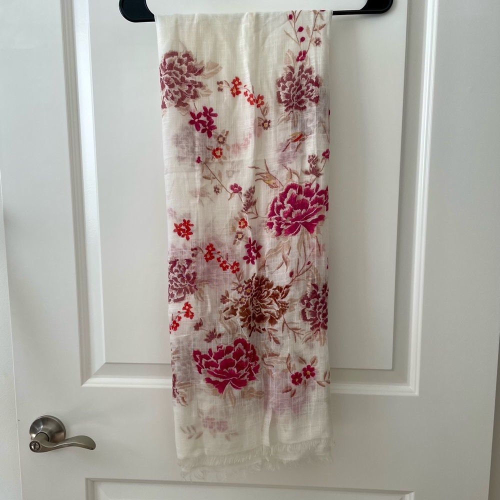 White Scarf With Pink Orange Brown Flowers